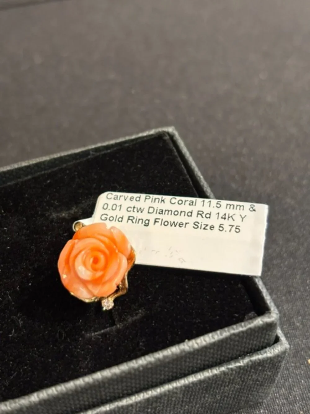 Carved Pink Coral ring w/Diamond 14K Gold